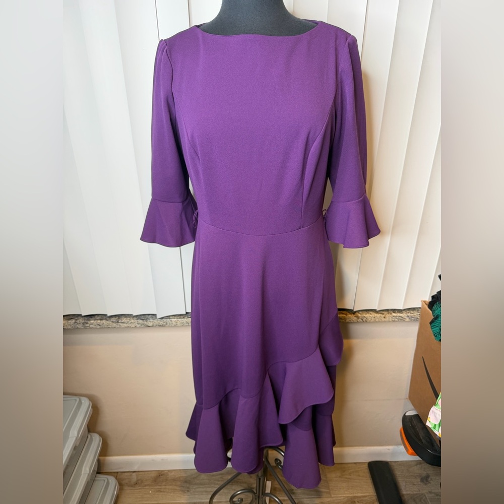 MAISON TARA PURPLE BELL SLEEVE RUFFLE HEM SAVANNAH CREPE BELTED MIDI DRESS SZ 10